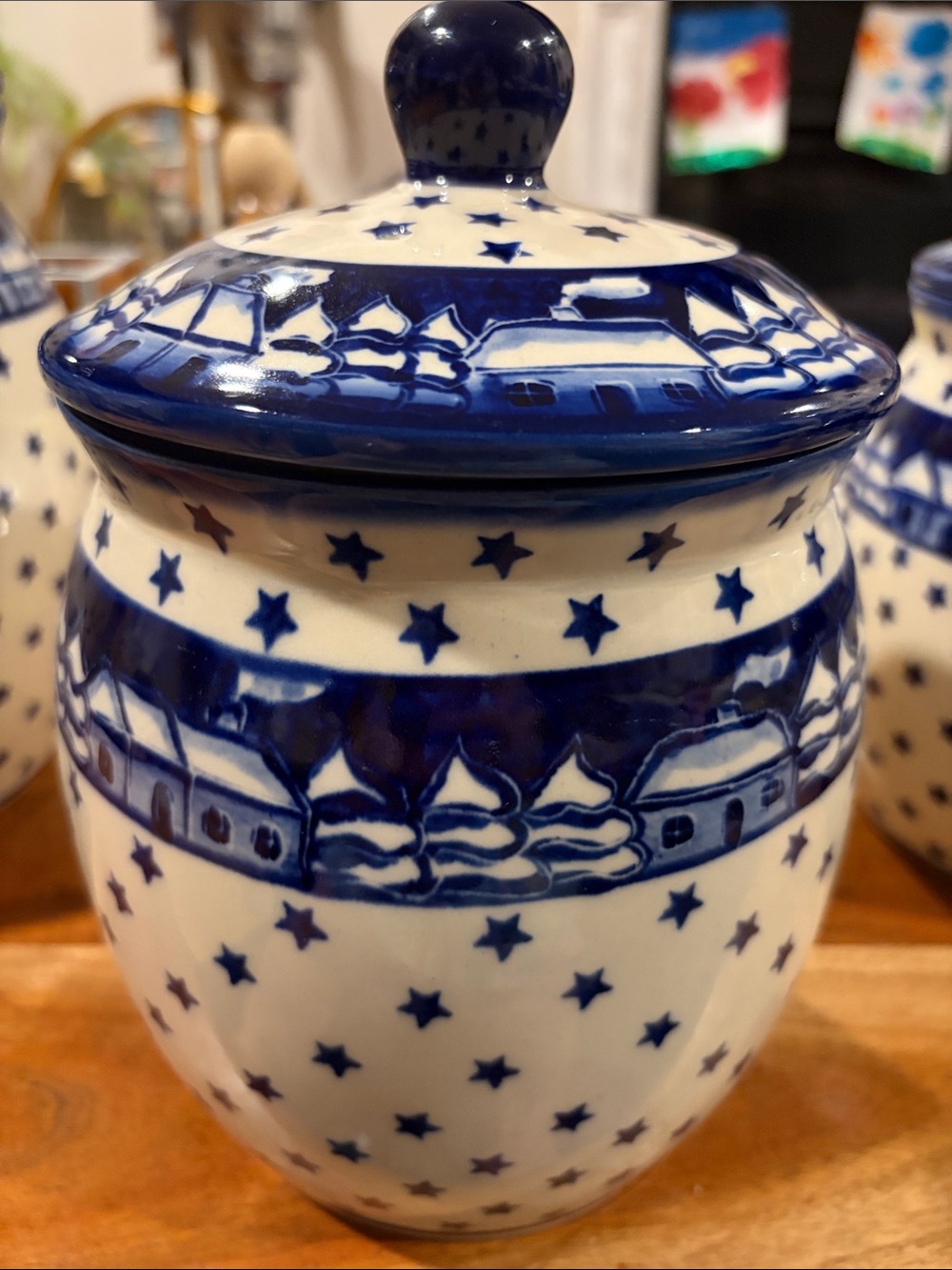 Polish Pottery Manufaktura 2 liter winter village with stars canister ceramic